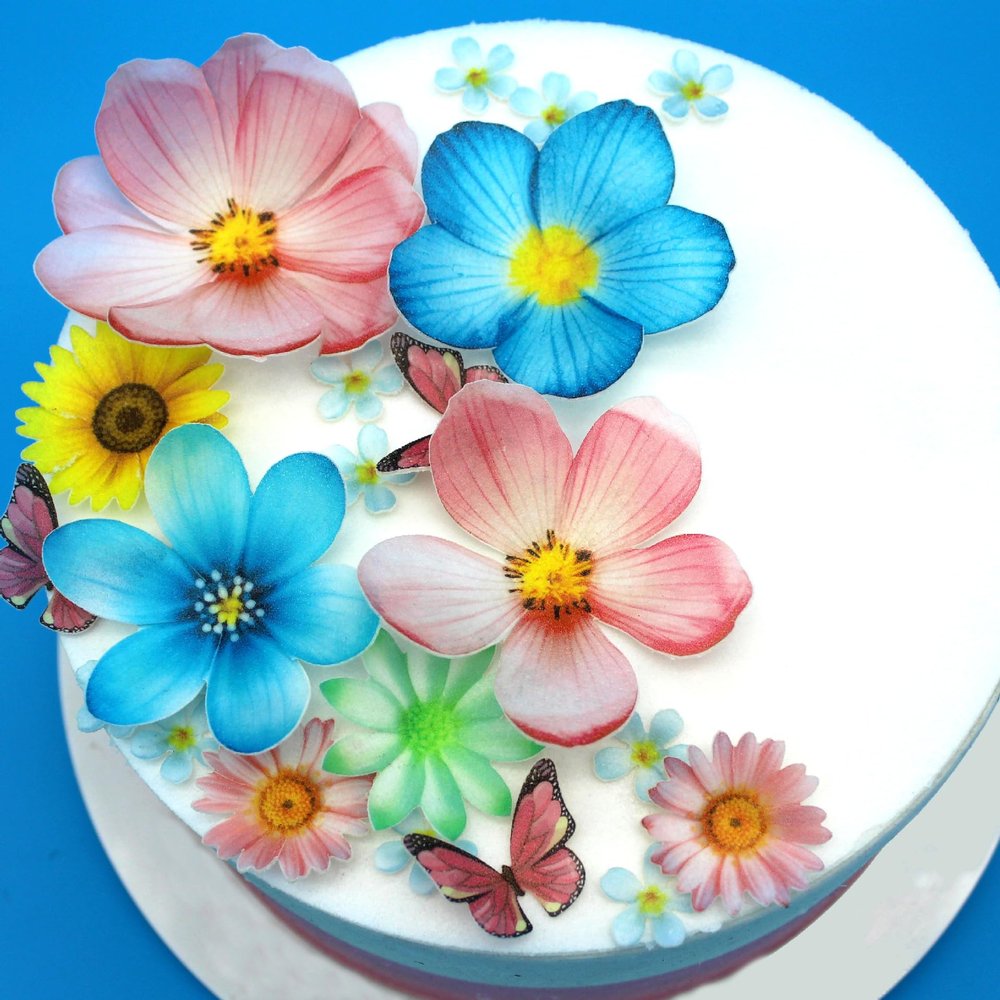 Set of 55 Edible Flowers & Butterflies Cupcake Toppers Wedding Cake Party Food Decoration Mixed Size & Colour for Anniversary (Flower Butterfly)