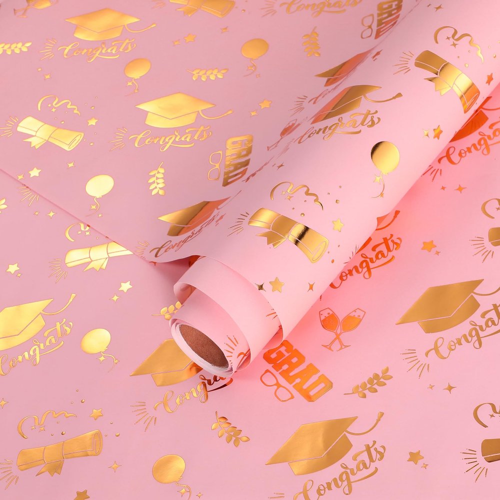 AmazingSpark 2026 Graduation Gift Wrapping Paper Roll 3D Embossing Gold Foil Gift Wrap Graduation Wrapping Paper for Class College School Ceremony Decor Party Supplies(Pink Gold,17 x 118 Inch)