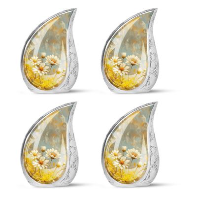 YASUBJAG Dance of Daisies Funeral Urns for Adult Ashes - Small Keepsake Burial Cremation Urn - Floral Pattern, White & Yellow, Aluminum, Polished Finish, 3 Inch, 4 Pcs