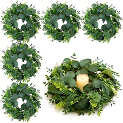 6 Pcs Artificial Eucalyptus Leaves Candle Rings Wreath Mini Faux Kitchen Cabinet Green Wreaths Spring Summer Wreaths Pillar Candle Holder for All Seasons Home Wedding Party Table Centerpiece Decor