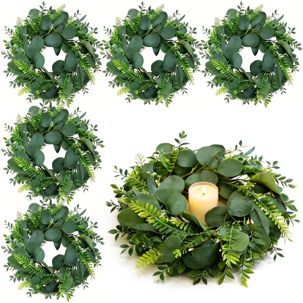 6 Pcs Artificial Eucalyptus Leaves Candle Rings Wreath Mini Faux Kitchen Cabinet Green Wreaths Spring Summer Wreaths Pillar Candle Holder for All Seasons Home Wedding Party Table Centerpiece Decor