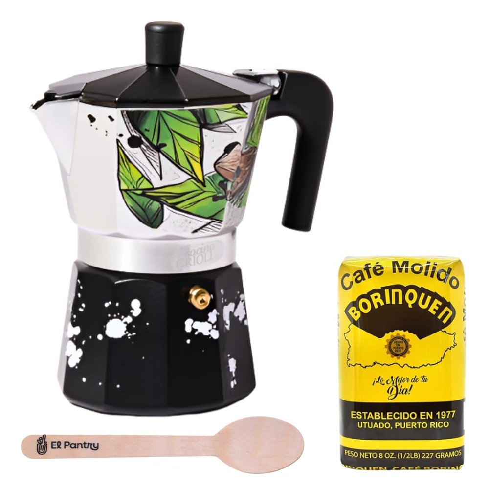 El Pantry Puerto Rico Greca Gift Set | Boricua Art Stovetop El Coqui Moka Pot | with Authentic Cafe Borinquen | Cafetera, 6 Espresso Cups (Cafe Borinquen)