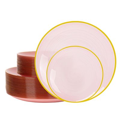 100PCS Pink Plastic Plates-Crystal Design Pink Disposable Plates with Gold Rim, Fancy Disposable Plates Include 50 Dinner Plates, 50 Dessert/Salad Plates for Party & Wedding