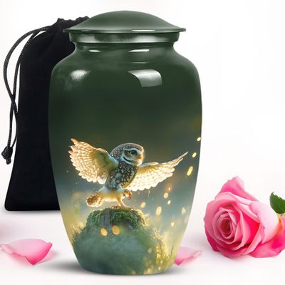 Green Owl Large Urns for Human Ashes Female - Decorative Urn for Human Ashes Male 10 Inch
