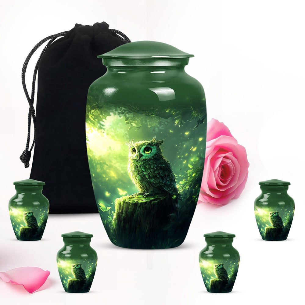 Green Jungle Owl Adult Urns for Human Ashes Women & Men - Large Unique Urns for Human Ashes Adult Combo 1 Large 4 Keepsake