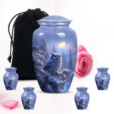 Blue Snow Owl Large Funeral urns for Ashes Adult Male - Small Memorial urn for Ashes for Women & Men 1 Large 4 Keepsake