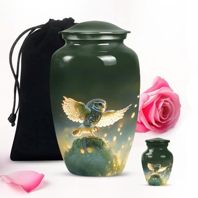 Green Owl Small Urns for Cremation Ashes Female - Unique Urns for Human Ashes Adult Male Combo 1 Large 1 Keepsake