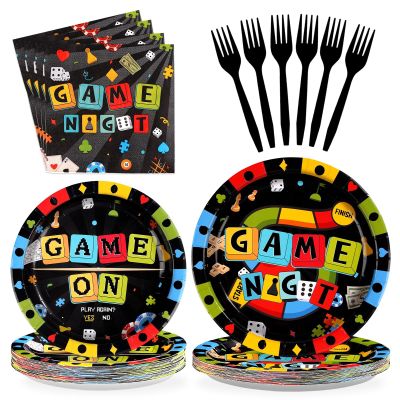 Grencian 96Pcs Game Night Party Supplies Black Family Game Party Decorations Plates and Napkins Disposable Family Gamer Paper Tableware Set for Kids Adults Birthday Games On Favors Serves 24