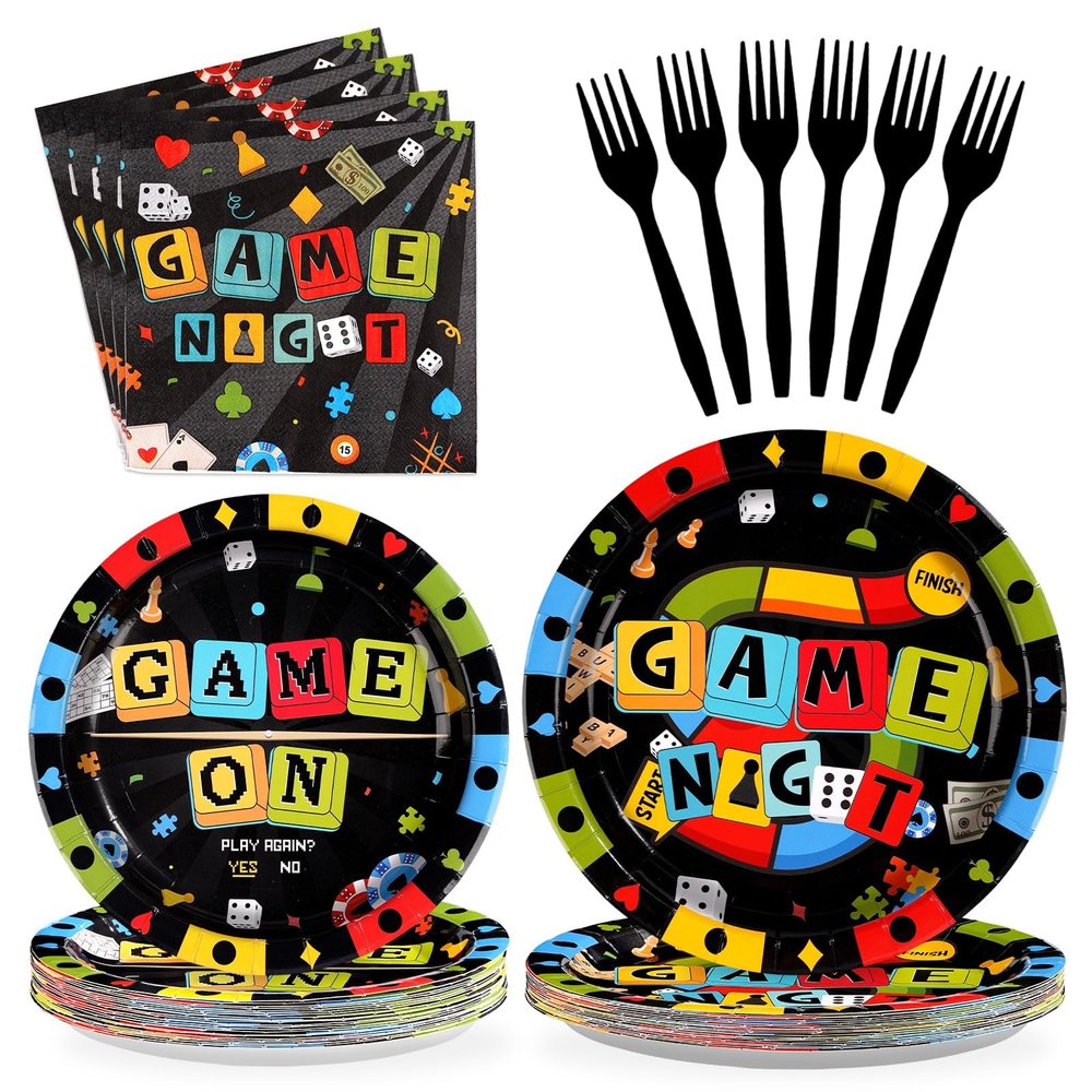 Grencian 96Pcs Game Night Party Supplies Black Family Game Party Decorations Plates and Napkins Disposable Family Gamer Paper Tableware Set for Kids Adults Birthday Games On Favors Serves 24