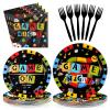 Grencian 96Pcs Game Night Party Supplies Black Family Game Party Decorations Plates and Napkins Disposable Family Gamer Paper Tableware Set for Kids Adults Birthday Games On Favors Serves 24 view 1