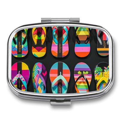 Flip Flops Pill Box Travel Pill Organizer 2 Compartment Weekly Pill Case with Mirror A Day Medicine Container Medicine Organizer for Purse, Pocket, Or Wallet