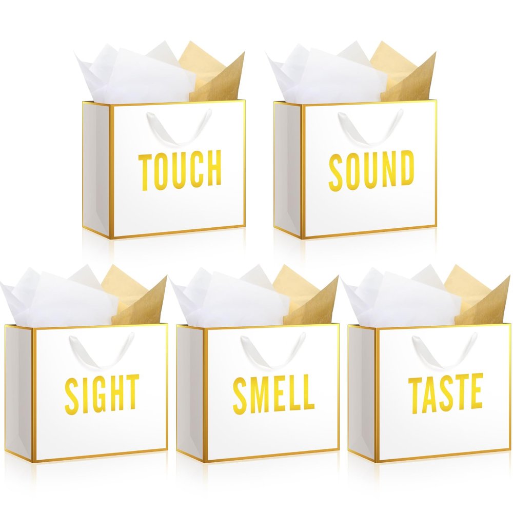 Kolldenn 5 Senses Gift Bags for Him Her Five Senses Gift Bag with Ribbon Handles and Tissue Paper Present Wrappings for Valentine Wedding Birthday Mothers Day(White,11.8 x 10 x 4 Inch)