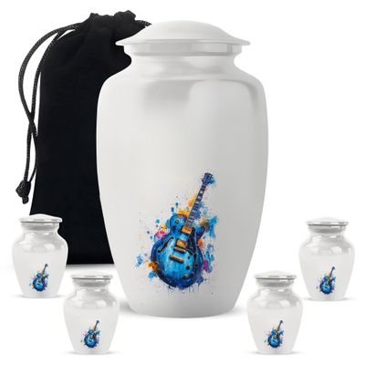 YATHABHISA White Guitar Cremation Urn for Human Ashes, Custom Memorial Urns for Adults, Men & Women, Decorative, Combo (1Pc 10 Inch & 4Pcs 3 Inch)