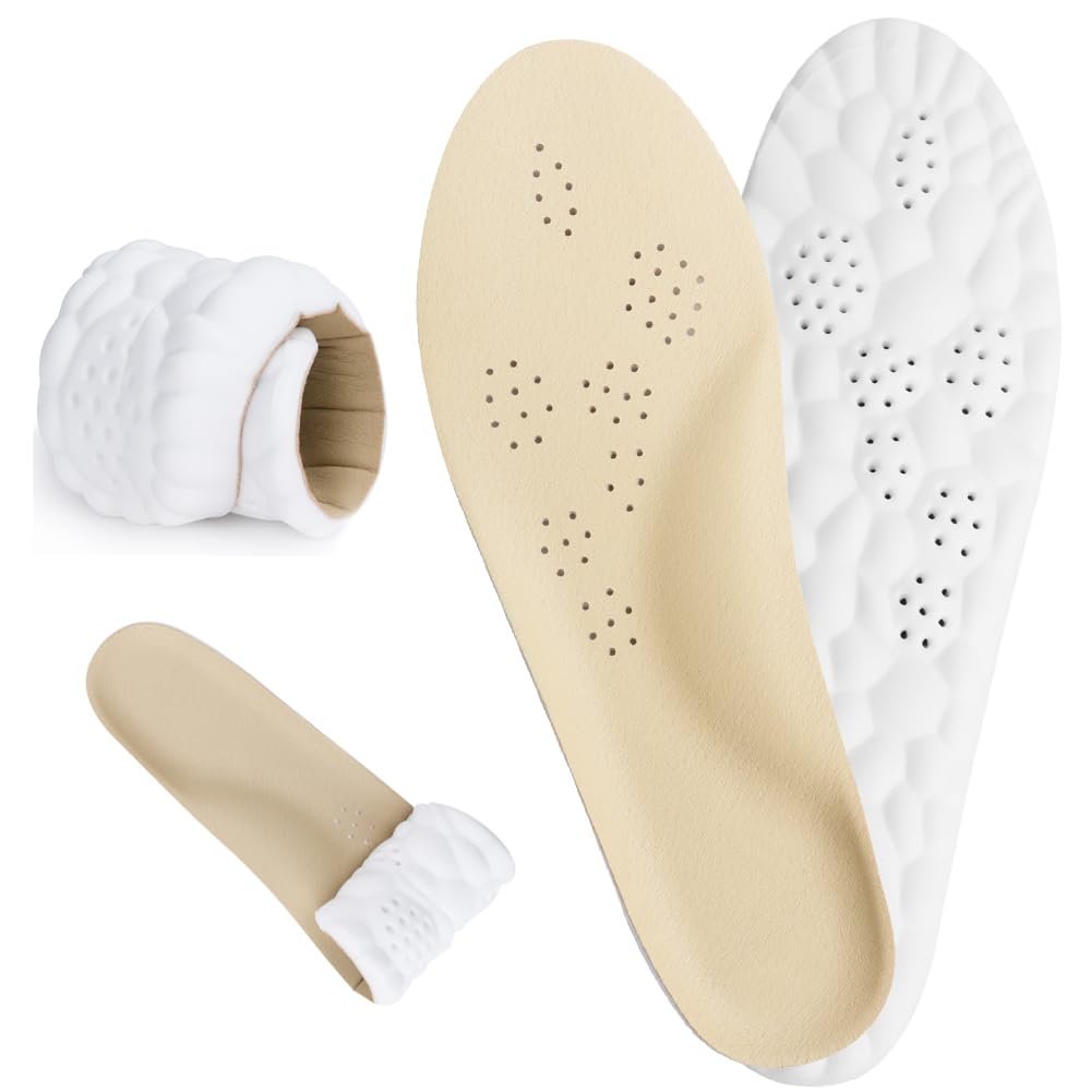 Cowhide 4D Cloud Insoles for Men Women, Cloud Soles for Foot Fatigue Relief, More Breathable Leather Steppers Insoles, Sports Shoe Insoles, Shock Absorption, Foot Pain Relief, M 8-9 Women10-11