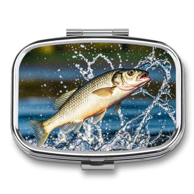 Big Mouth Bass Bites Bait Pill Box Travel Pill Organizer 2 Compartment Weekly Pill Case with Mirror A Day Medicine Container Medicine Organizer for Purse, Pocket, Or Wallet