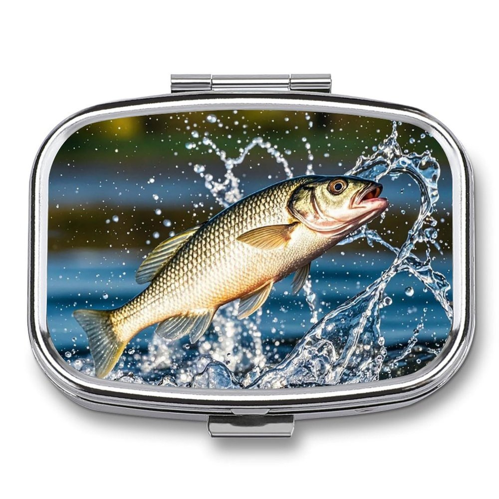 Big Mouth Bass Bites Bait Pill Box Travel Pill Organizer 2 Compartment Weekly Pill Case with Mirror A Day Medicine Container Medicine Organizer for Purse, Pocket, Or Wallet