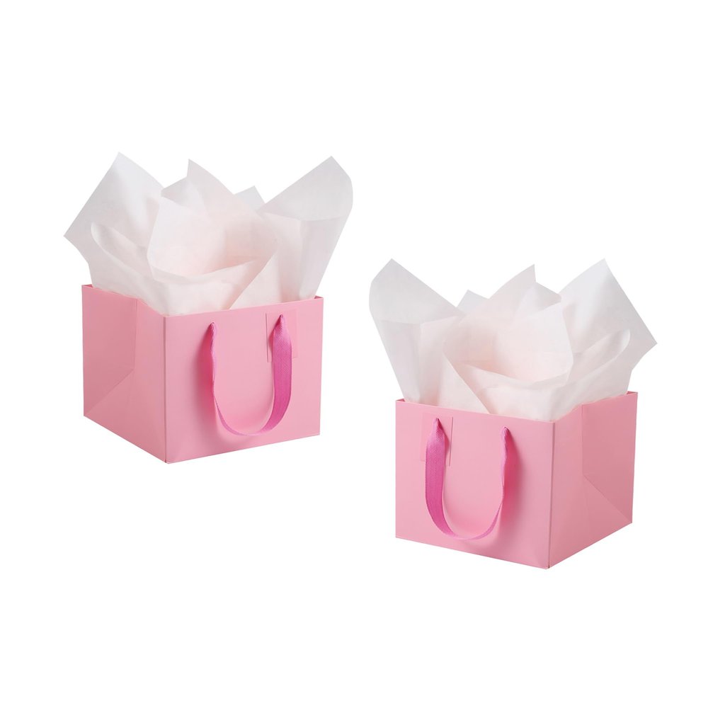 IN-JOOYAA 10 Pcs Small Gift Bags with Tissue Paper Square Gift Bags 6x6x6 Inches with Handles for Gift Giving (Pink)