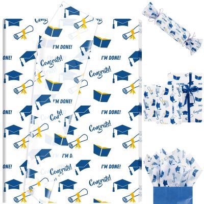 60 Sheets 2026 Graduation Tissue Paper, 13.7 x 19.8'' Graduate Cap Diploma Scroll Book Patterns Gift Wrapping Paper for 2026 Graduation Art Craft Party Supplies (Blue)