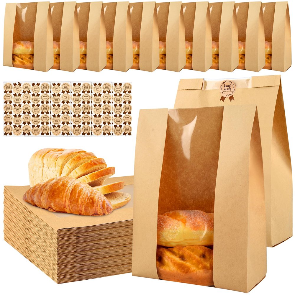 100 Pcs Bread Bags for Homemade Bread, ROOKEA Sourdough Paper Bags with Window 13.7x8.2x3.5in Large Kraft Bakery Paper Packaging with Sealing Stickers for Storage Cookie Food Snack Breakfast