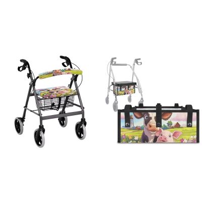 LVEWYB Cow Pig Rollator Walker Basket and Seat Backrest Covers 3Pcs Accessories Sets Comfy Rollator Decorations for Seniors Universal Bag Under Seat for Elderly Walker
