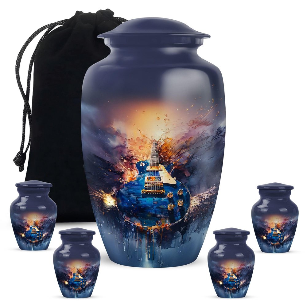 YATHABHISA Guitar Cremation Urn for Human Ashes, Decorative Musical Keepsake Memorial Urns for Adults Men & Women, Dark Blue, Combo (1Pc 10 Inch & 4Pcs 3 Inch)