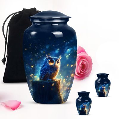 Blue Night Owl Small Keepsake Urns for Human Ashes - Cremation Urns for Ashes Adult Male & Female Combo 1 Large 2 Keepsake