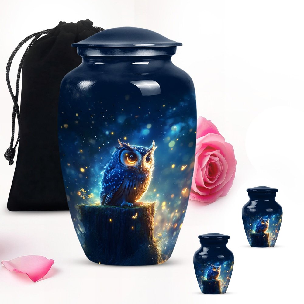 Blue Night Owl Small Keepsake Urns for Human Ashes - Cremation Urns for Ashes Adult Male & Female Combo 1 Large 2 Keepsake