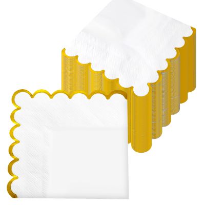 200 PCS Scalloped Napkins with Gold Foil Edge Cocktail Napkin Disposable Beverage Napkins White Dessert Paper Party Supplies for Wedding Baby Shower Birthday Party Tableware Decoration