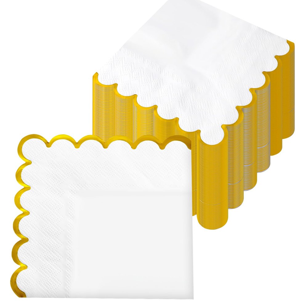 200 PCS Scalloped Napkins with Gold Foil Edge Cocktail Napkin Disposable Beverage Napkins White Dessert Paper Party Supplies for Wedding Baby Shower Birthday Party Tableware Decoration