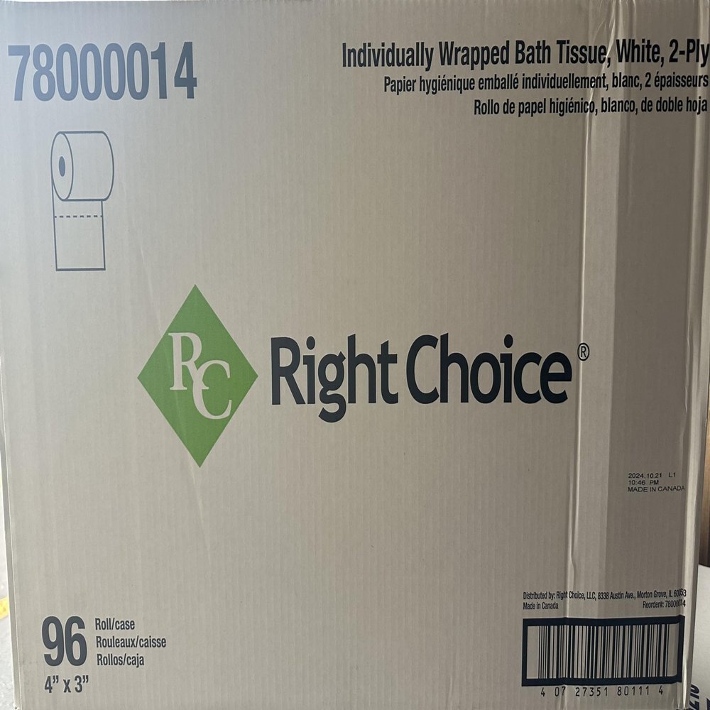 Right Choice 78000014 Bath Tissue, White 2-Ply, Individually Wrapped, 96 Rolls, 4 x 3 inches