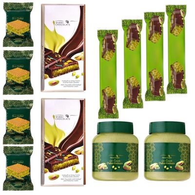 Dubai Chocolate Gift Box, Pistachio Chocolatte 7.05 oz, Pistachioo Cream 10.58 oz, Duo Wafers 1.27 oz, Dubai Chocollate 1.23 oz, Eid, Valentine's Day, Birthday, (Pack of 2)
