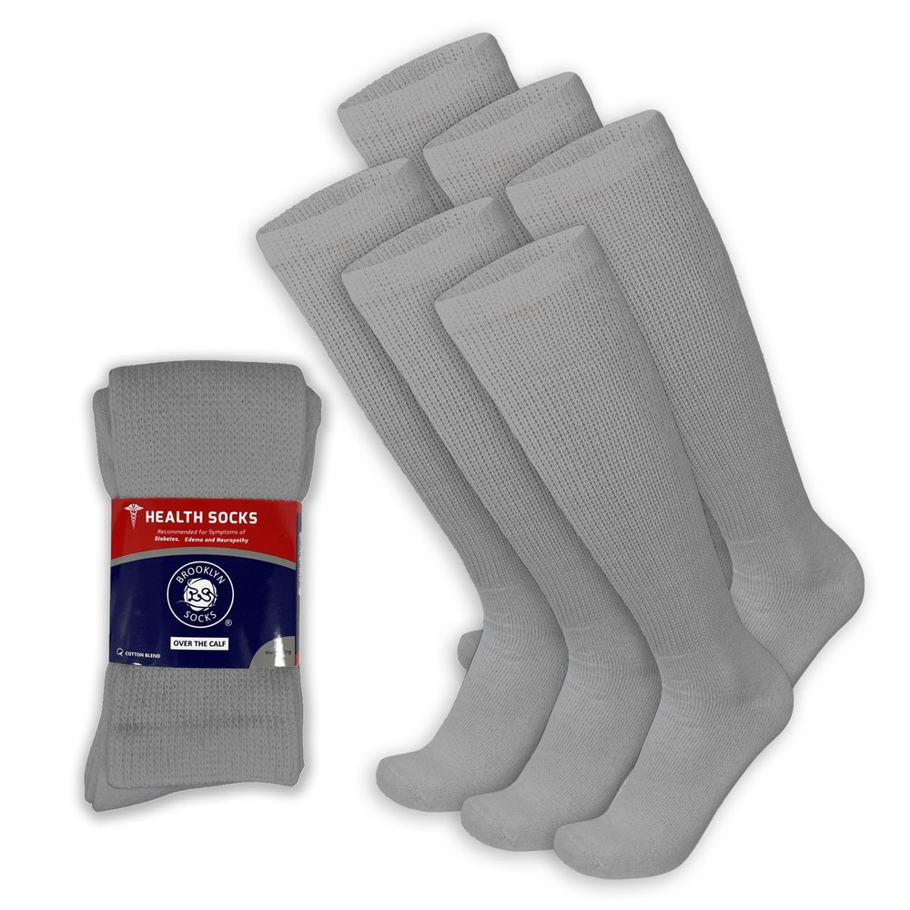 6 Pairs of Diabetic Over The Calf - Knee High Cotton Socks (Gray - 6 Pairs, Fit Men's Shoe Size 12-15)