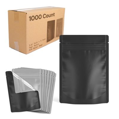 1000 Pcs - 3.6 Inch x 5 Inch PCR Smell Proof Mylar Bags Tamper Evident - 1/8th Ounce (3.5 Grams) (Matte Black With Window (No Tear Notch))