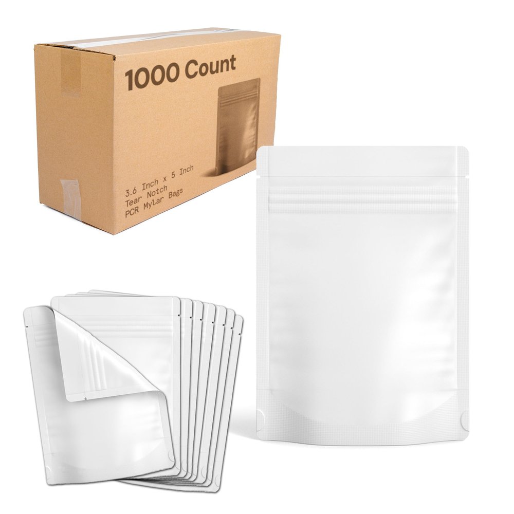 1000 Pcs - 3.6 Inch x 5 Inch PCR Smell Proof Mylar Bags Tamper Evident - 1/8th Ounce (3.5 Grams) (Matte White (With Tear Notch))