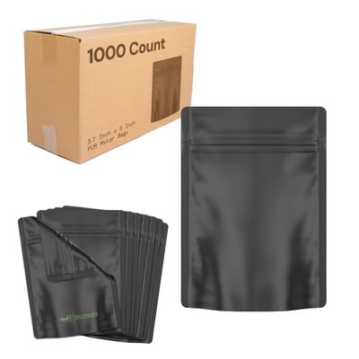 1000 Pcs - 3.6 Inch x 5 Inch PCR Smell Proof Mylar Bags Tamper Evident - 1/8th Ounce (3.5 Grams) (Matte Black (No Tear Notch))