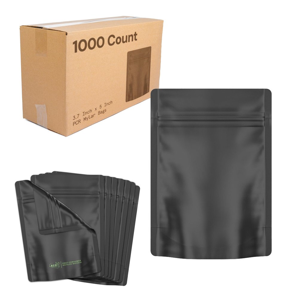 1000 Pcs - 3.6 Inch x 5 Inch PCR Smell Proof Mylar Bags Tamper Evident - 1/8th Ounce (3.5 Grams) (Matte Black (No Tear Notch))