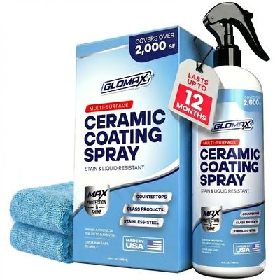 GLOMAX Home Ceramic Coating Spray Kit (16 oz) - Shine, Seal & Protect Stainless Steal, Glass, Kitchen & Bath Surfaces - Extremely Hydrophobic - Repels Stains & Grime - Includes 2 Micro Fiber Towels