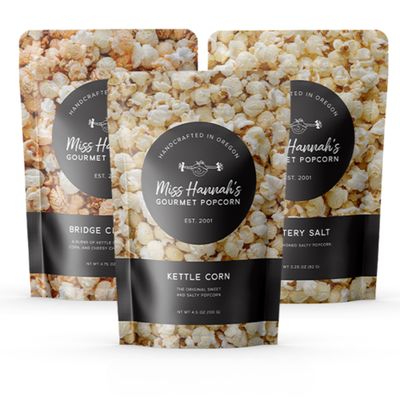 Miss Hannah's Gourmet Popcorn Movie Night Bundle - Bridge City Mix, Buttery Salt & Kettle Corn - Non-GMO, Sweet & Savory Snack Box for Gifting or Sharing - 3 Pack Artisan Popcorn Gift Set