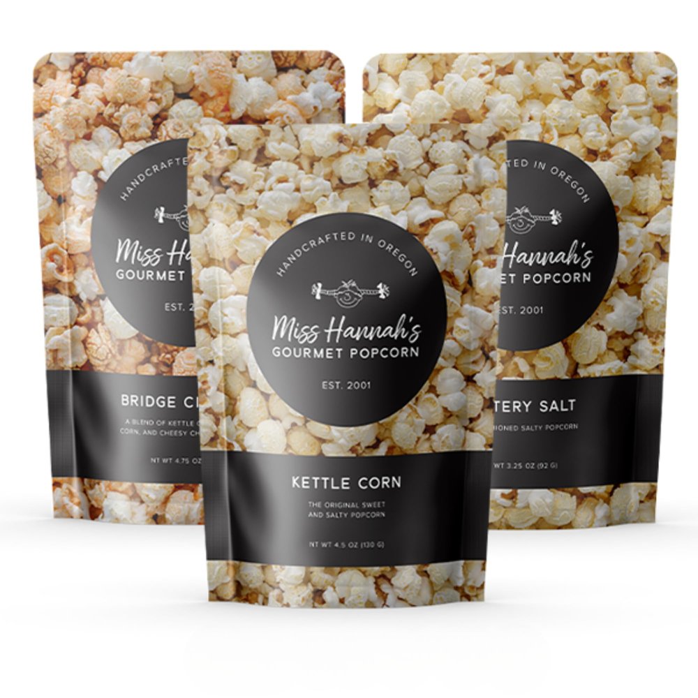 Miss Hannah's Gourmet Popcorn Movie Night Bundle - Bridge City Mix, Buttery Salt & Kettle Corn - Non-GMO, Sweet & Savory Snack Box for Gifting or Sharing - 3 Pack Artisan Popcorn Gift Set