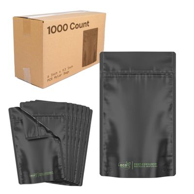 1000 Pcs - 5 Inch x 8.1 Inch PCR Smell Proof Mylar Bags Tamper Evident - Half Ounce (14 Grams) (Matte Black (No Tear Notch))