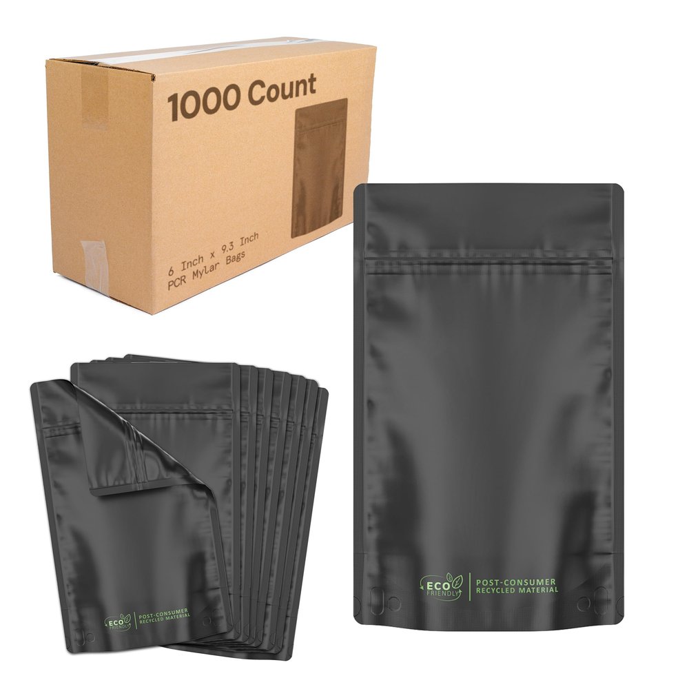 1000 Pcs - 5 Inch x 8.1 Inch PCR Smell Proof Mylar Bags Tamper Evident - Half Ounce (14 Grams) (Matte Black (No Tear Notch))