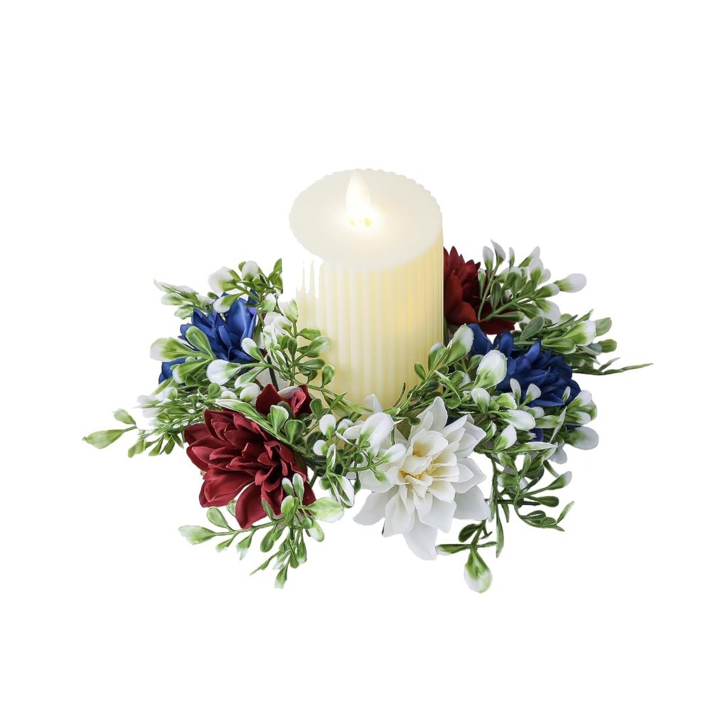 Alipher Artificial Flower Wreath Blue White Patriotic Candle Ring Creative Floral Candle Holders Independence Day Table Centerpieces for Home Decoration 2PCS