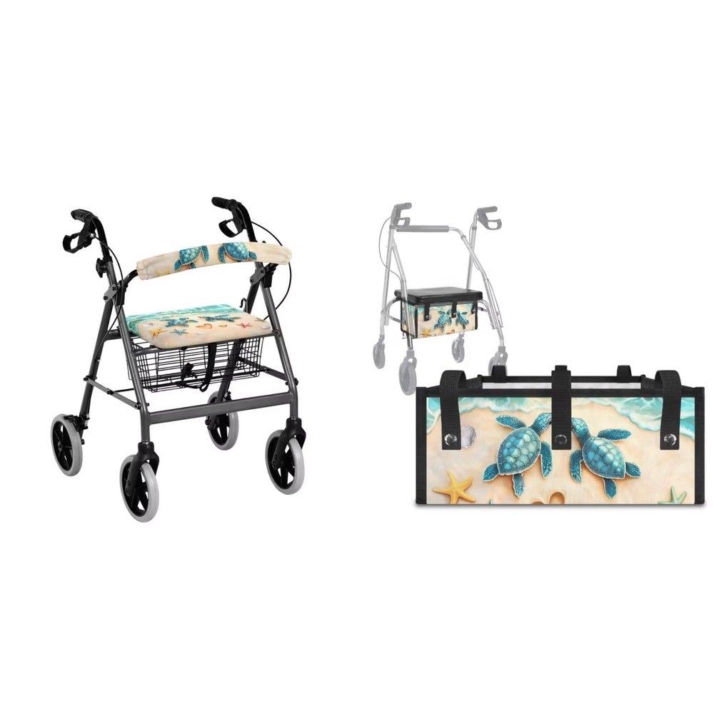 LVEWYB Beach Sea Turtle 3Pcs Rollator Seat Cover Walker Basket Under Seat Bag for Ladies Walker Protection Adjustable Backrest Covers Walker Basket Seat and Backrest Rollbar Decor Set