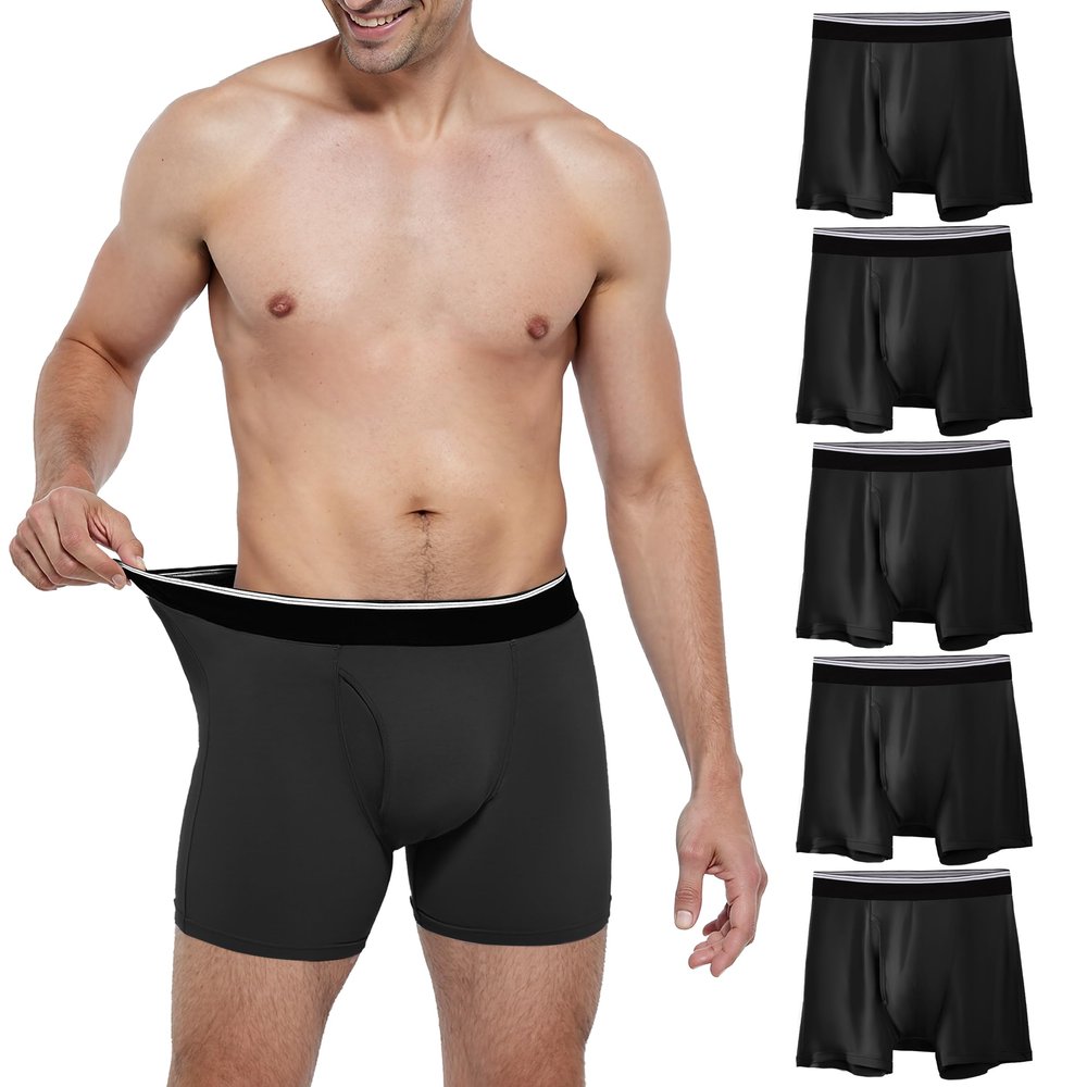 TIICHOO Mens Incontinence Boxer Briefs Washable Soft Leak Proof Underwear for Men Urine Leakage Protection 5 Pack(XX-Large, 5 Black)