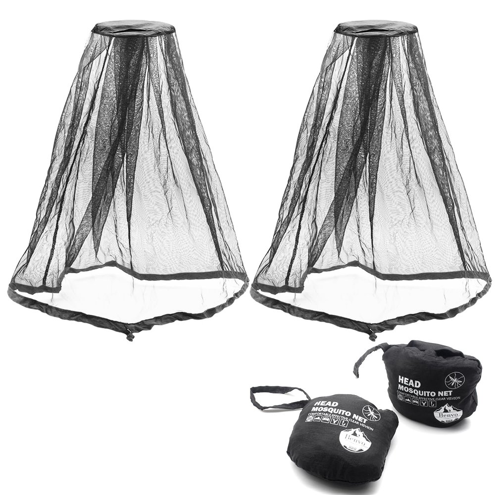 Benvo Mosquito Head Net Mesh One Piece Face Neck Fly Netting Cover from Bugs Gnats Noseeums Hat-Compatible Insect Shield for Fishing, Camping, Gardening (2pcs, Black, Upgraded Big Net)