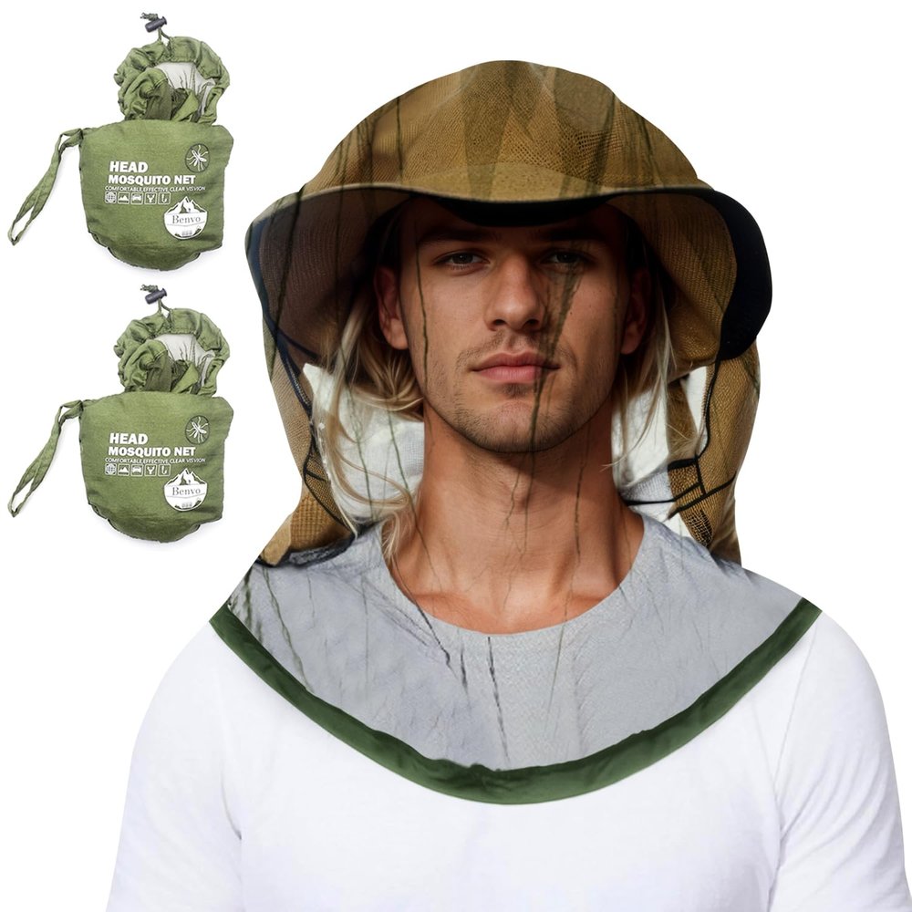 Benvo Mosquito Head Net Mesh One Piece Face Neck Fly Netting Cover from Bugs Gnats Noseeums Hat-Compatible Insect Shield for Fishing, Camping, Gardening (2pcs, Olive, Upgraded Big Net)