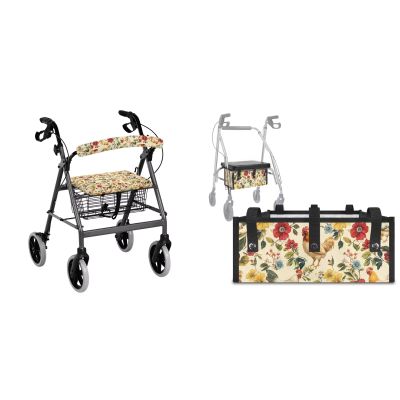 LVEWYB Rooster Floral 3Pcs Rollator Walker Decoration with Under Seat Bag Seat and Backrest Covers for Ladies Walker Seat Cushion Cover Soft Rollator Walker Basket for Senior