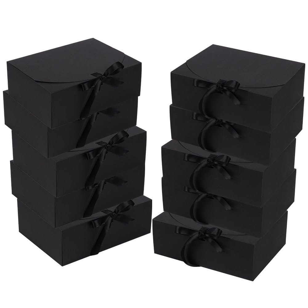 10 Pack Gift Boxes with Ribbon 10x7.5x3.5 Inch - Cardstock Wedding Favor Boxes for Bridesmaid Proposals, Birthday & Holiday Gift Packaging (Black)