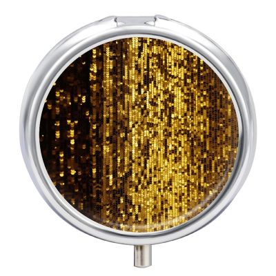 Gold Sequin Sparkle Medicine Pill Case, 3 Compartment Round Pill Box, Portable Decorative Medicine Organizer for Pocket Or Purse Vitamin Organize