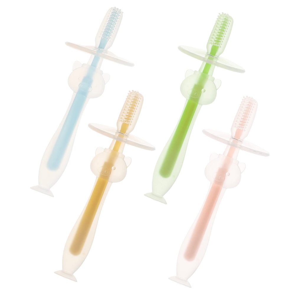 SKISUNO 4pcs Boy Girl Toothbrush Months Silicone Suction Cup Brush for Teething Relief